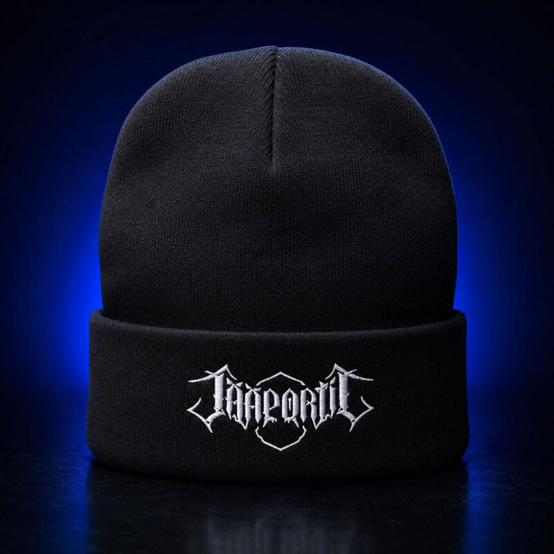 A high, quality knit beanie featuring a prominent embroidered Jääportit logo on the front.
