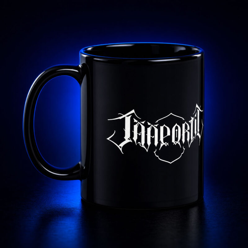 Jääportit black ceramic mug with white logo print