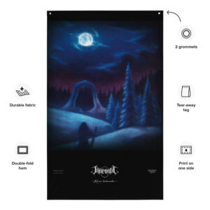 Jääportit Kauan koskematon album cover art printed on a large wall flag with two iron grommets.