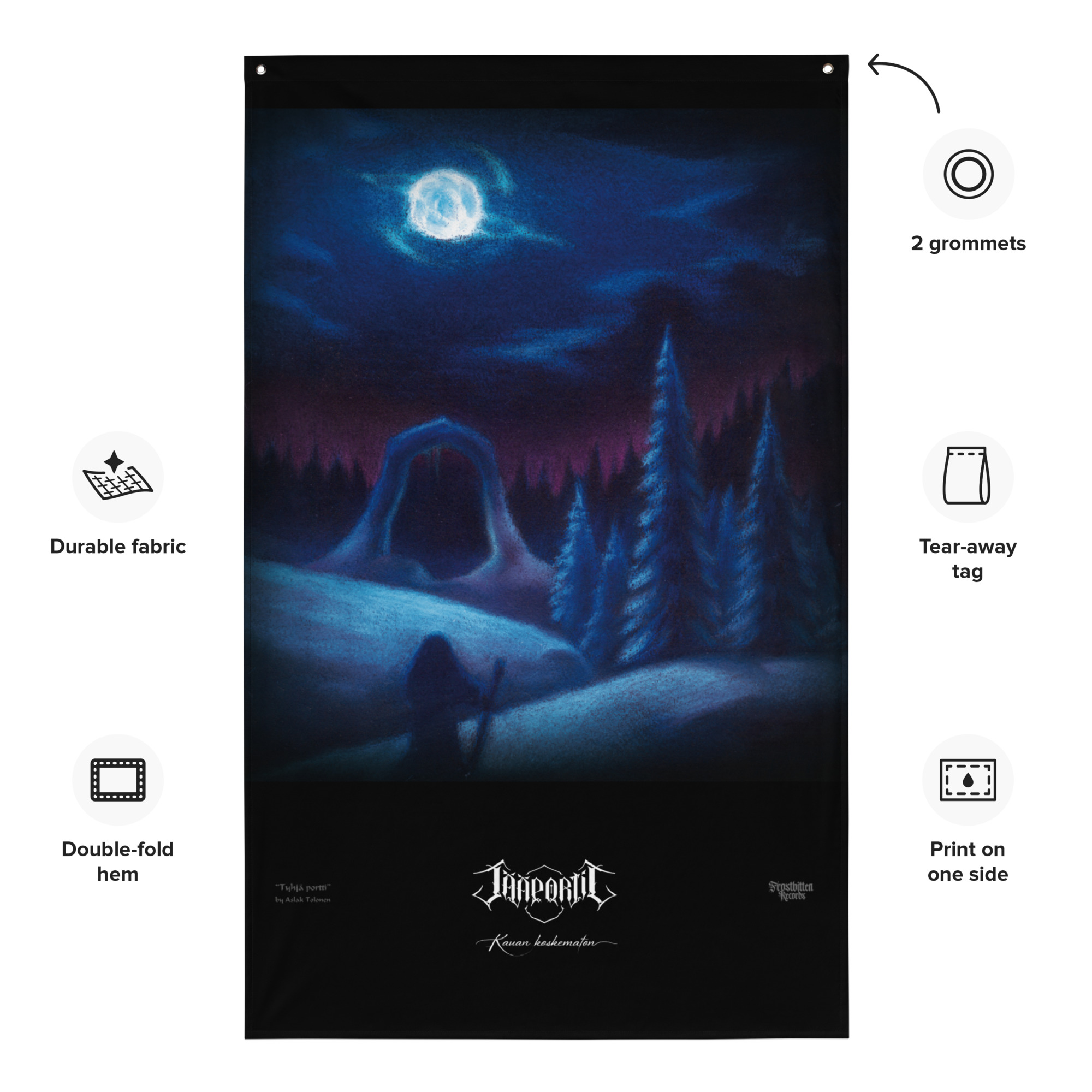 Jääportit Kauan koskematon album cover art printed on a large wall flag with two iron grommets.