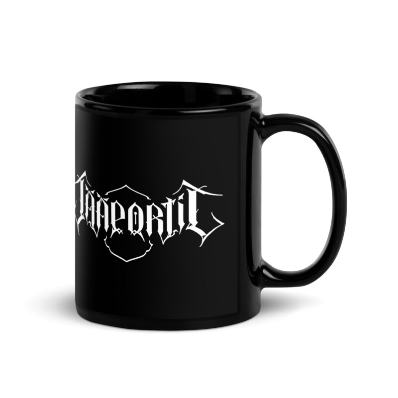 Jääportit black ceramic mug with white logo print, available in 11oz and 15oz sizes