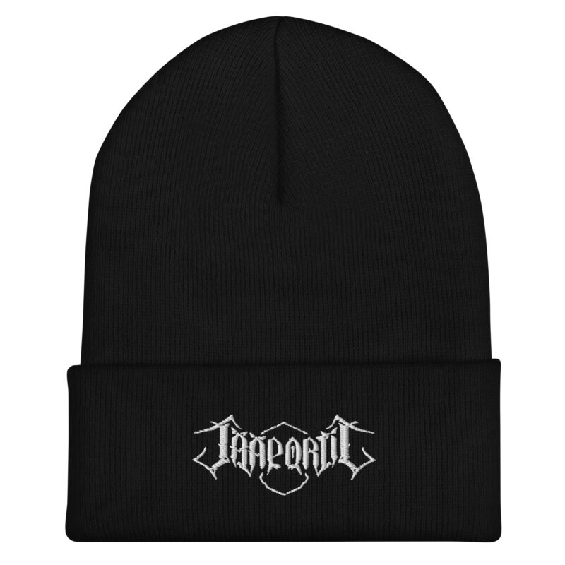 A close up of the Jääportit Beanie featuring a high quality embroidered logo on soft, black knit fabric.