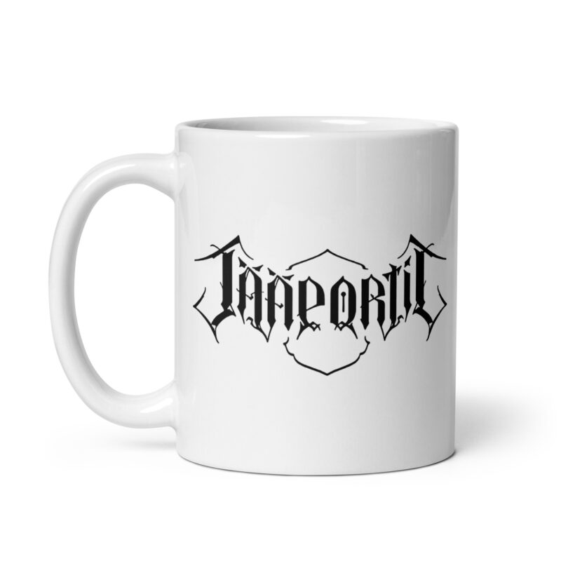 Jääportit white ceramic mug with black logo print available in three different sizes