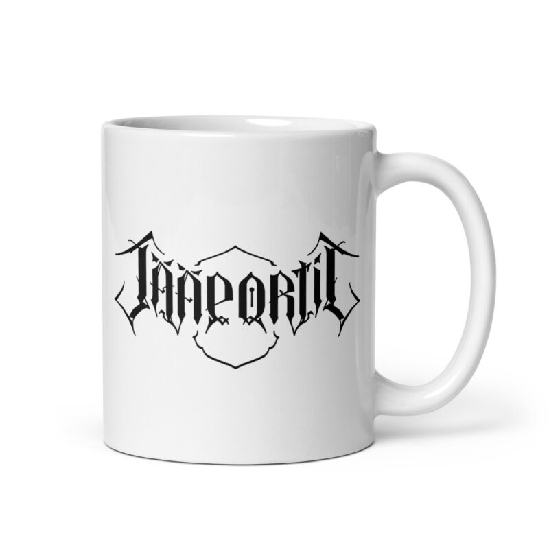 Jääportit white ceramic mug with black logo print available in three different sizes