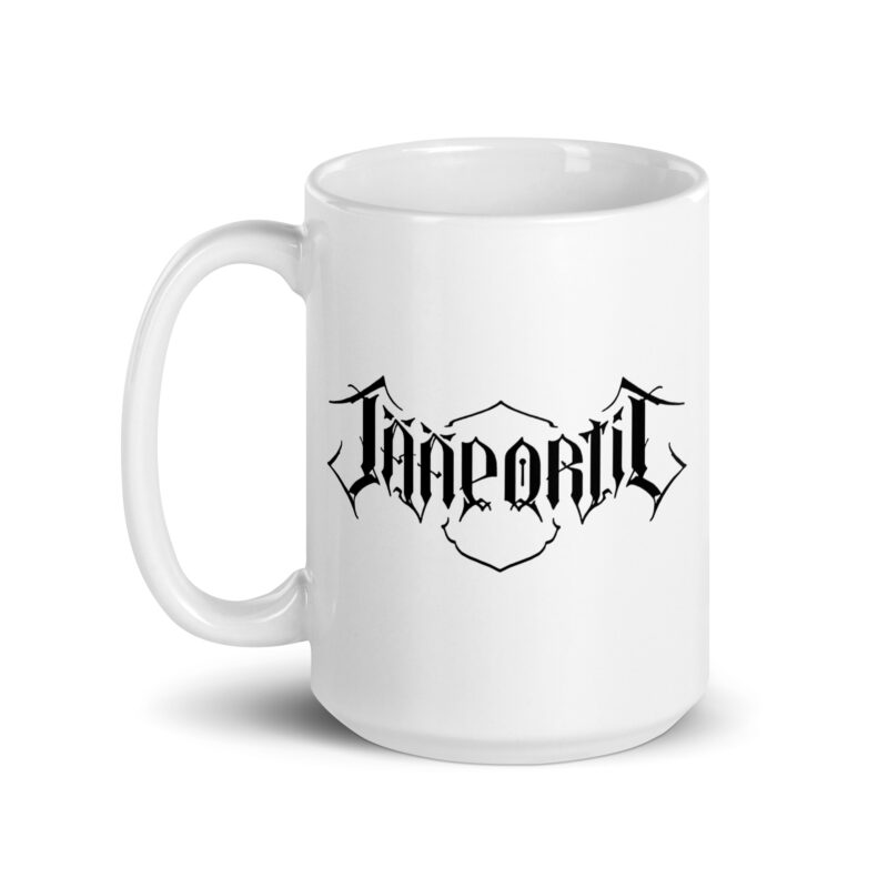 Jääportit white ceramic mug with black logo print available in three different sizes