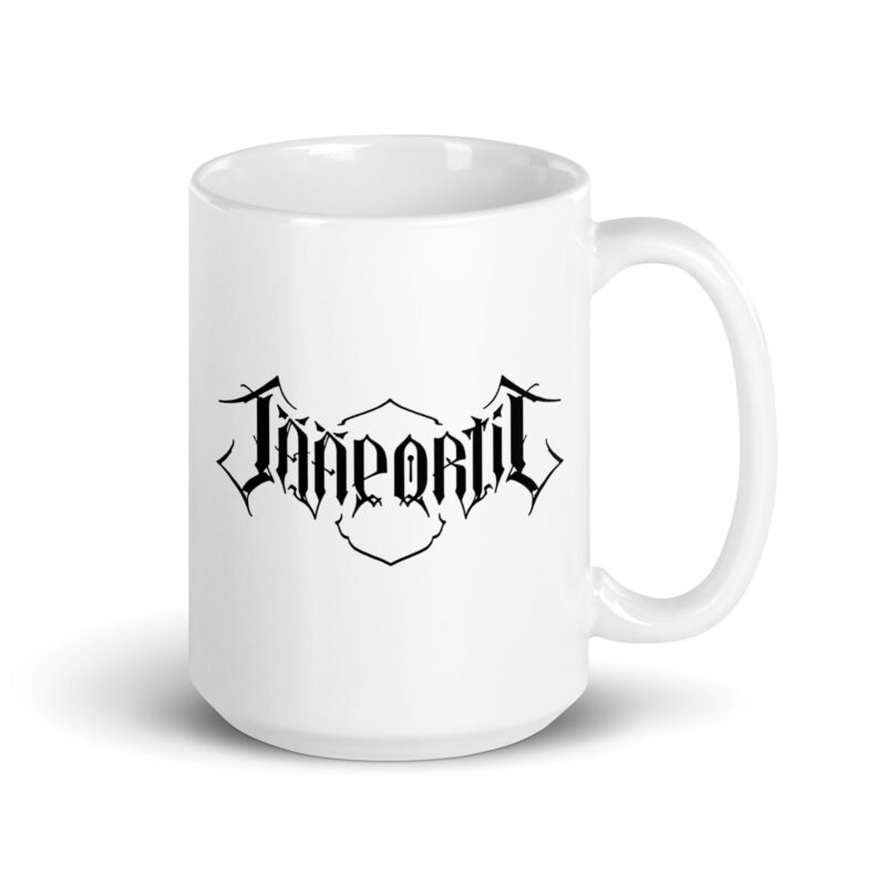 Jääportit white ceramic mug with black logo print available in three different sizes