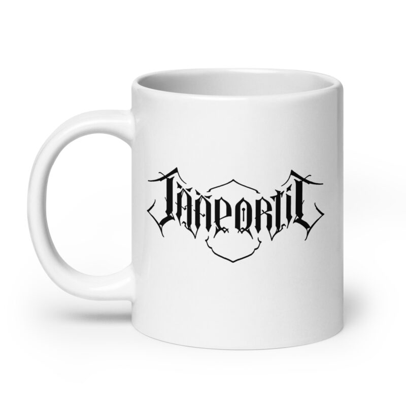 Jääportit white ceramic mug with black logo print available in three different sizes