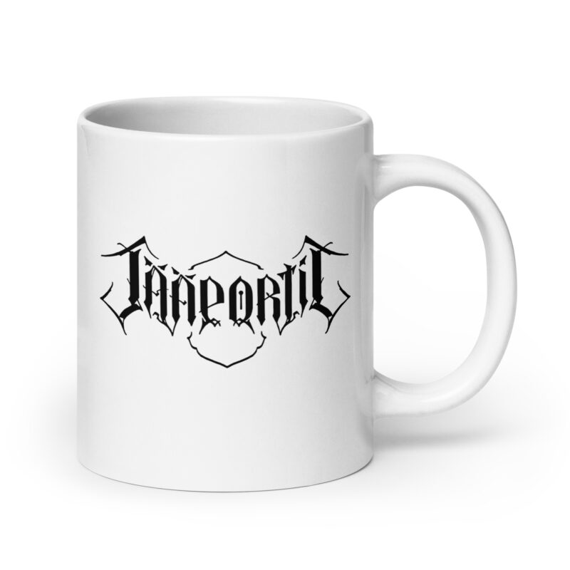 Jääportit white ceramic mug with black logo print available in three different sizes