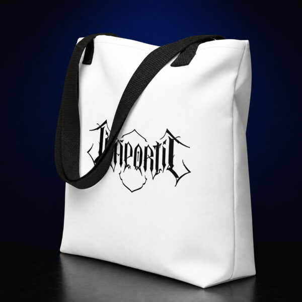 White Jääportit tote bag featuring a black logo print and black cotton denim handles, shown from a front angle on a clean background.