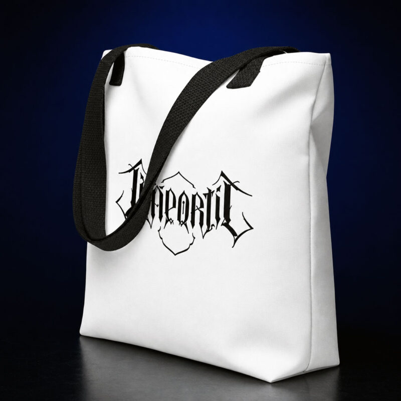 White Jääportit tote bag featuring a black logo print and black cotton denim handles, shown from a front angle on a clean background.
