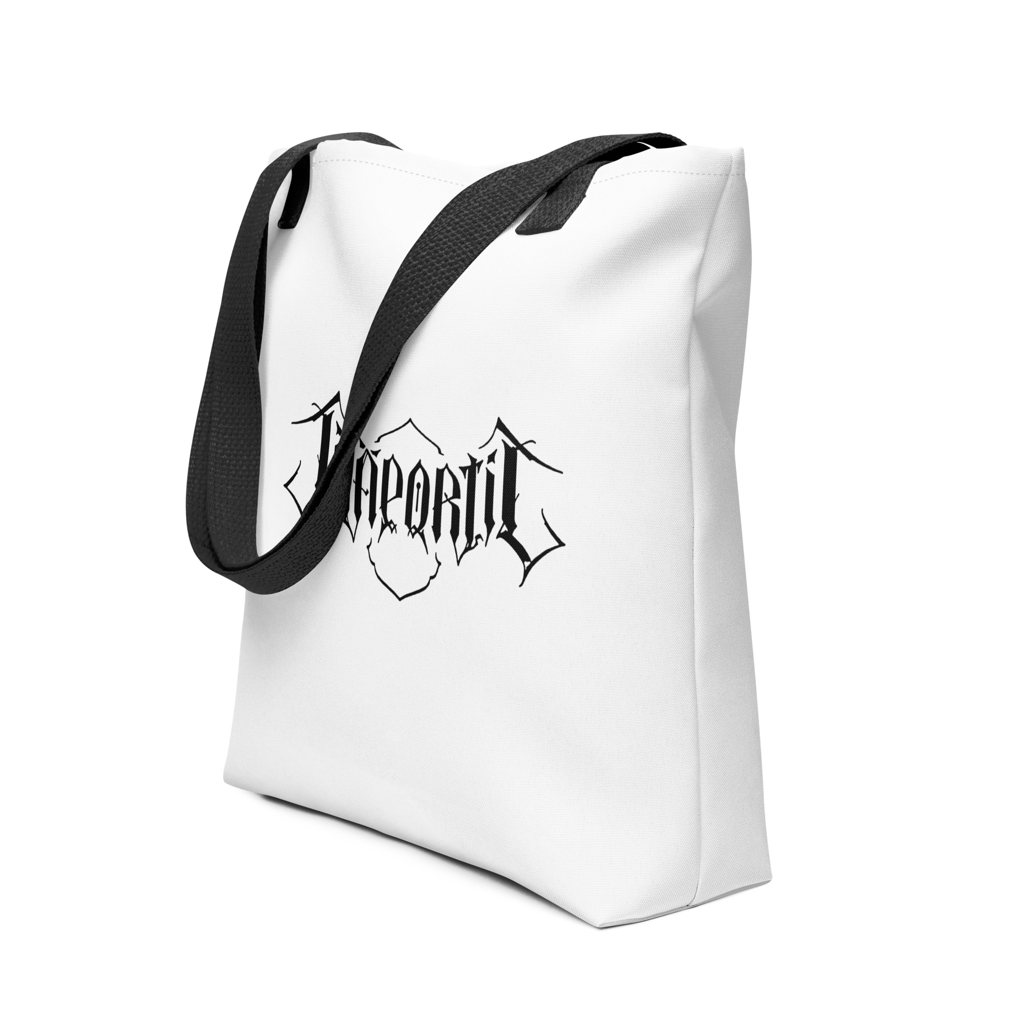 White Jääportit tote bag featuring a black logo print and black cotton denim handles, shown from a front angle on a clean background.