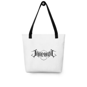 White Jääportit tote bag featuring a black logo print and black cotton denim handles, shown from a front angle on a clean background.