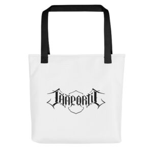 White Jääportit tote bag featuring a black logo print and black cotton denim handles, shown from a front angle on a clean background.